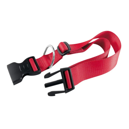 Red dog collar with black buckles on a white background