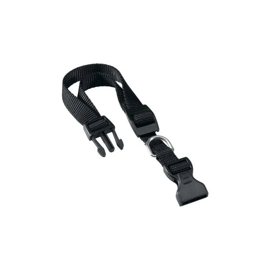 Black adjustable camera strap on a white background