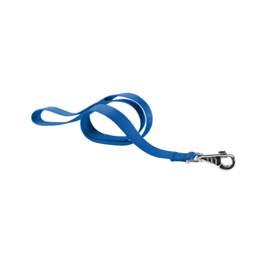 Blue dog leash with a metal clip on a white background