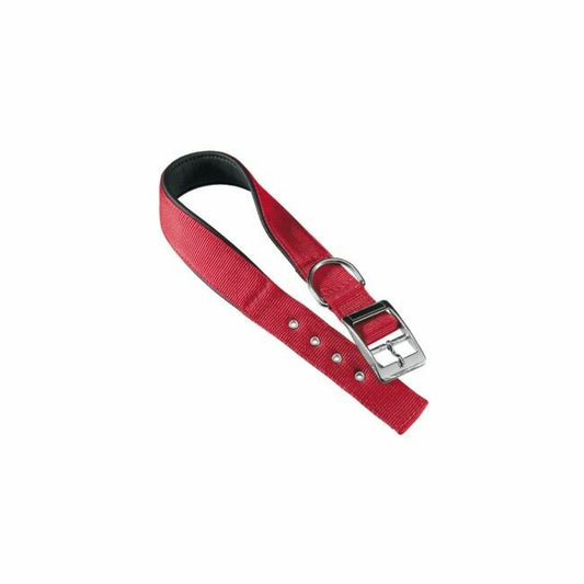 Red dog collar with a silver buckle on a white background
