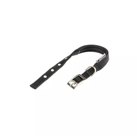Black dog leash with metal clip on a white background