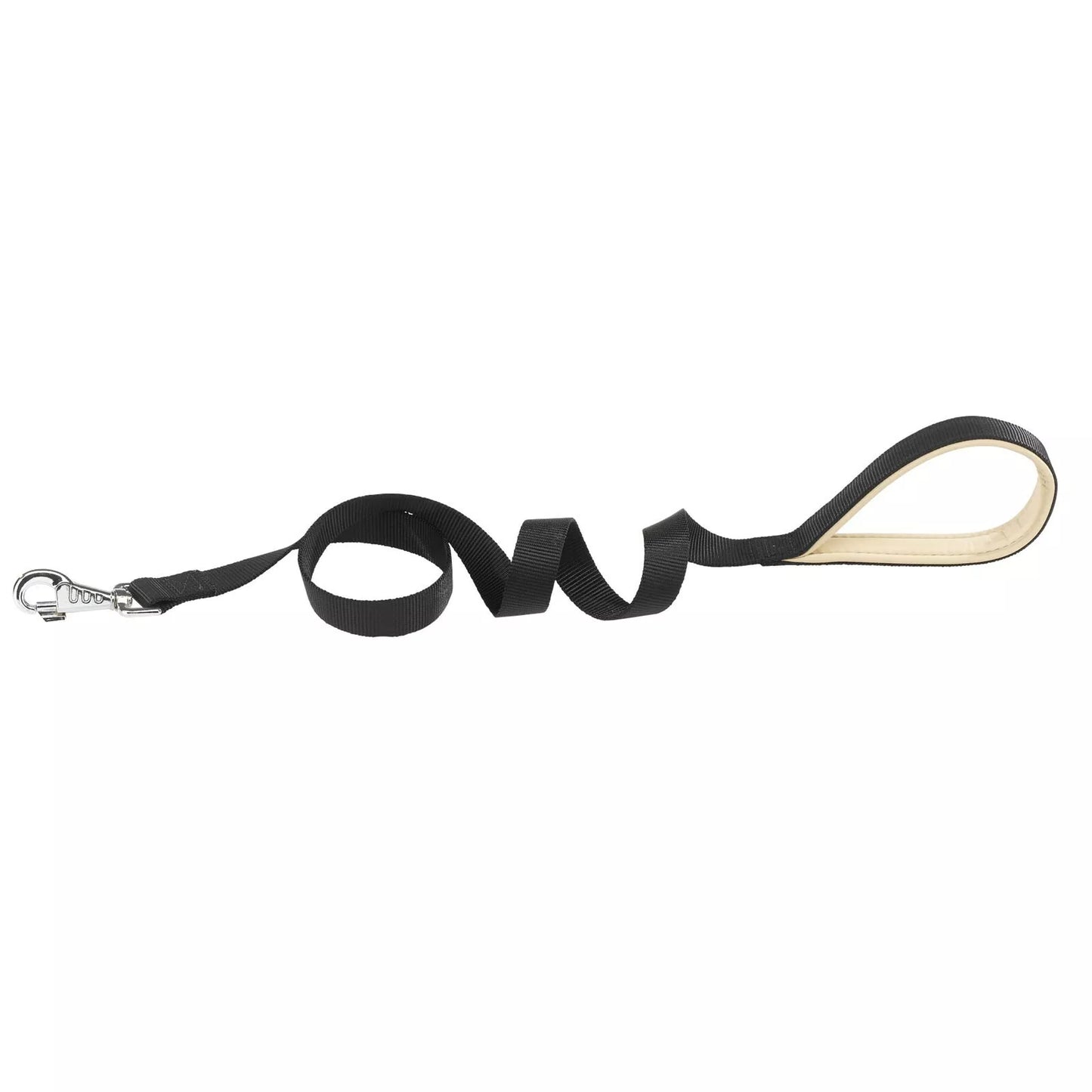 Black dog leash with a clip on a white background