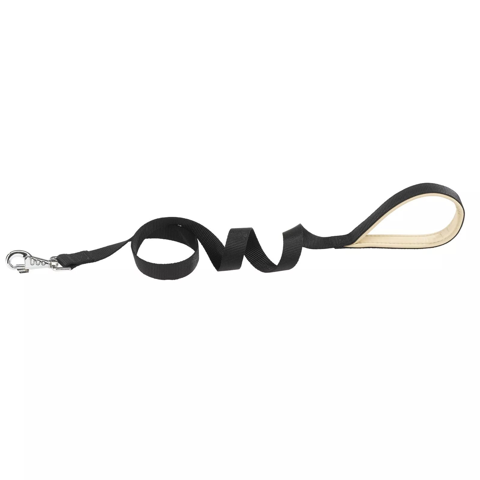 Black dog leash with a clip on a white background