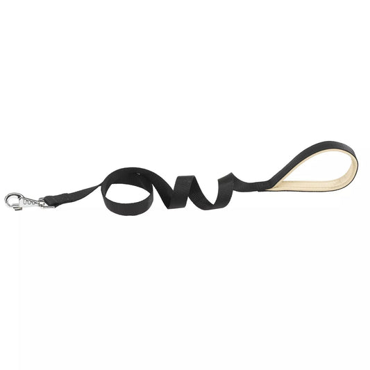 Black dog leash with a clip on a white background