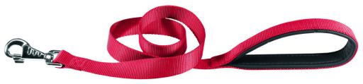 Red dog leash with a metal clip on a white background