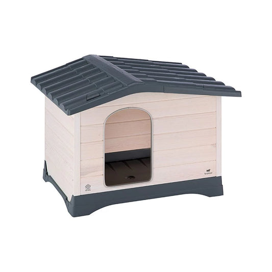 Dog house with beige body and gray roof on a white background