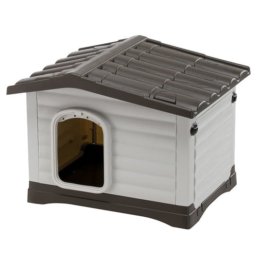 Dog house with a brown roof and white body