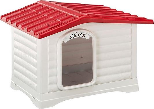 White pet house with red roof and 'JACK' branding on a white background