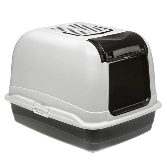 Cat litter box with a black top and gray base on 