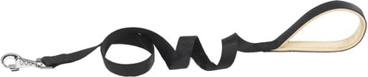 Black dog leash with a metal clip on a white background