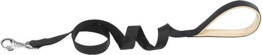 Black dog leash with a metal clip on a white background