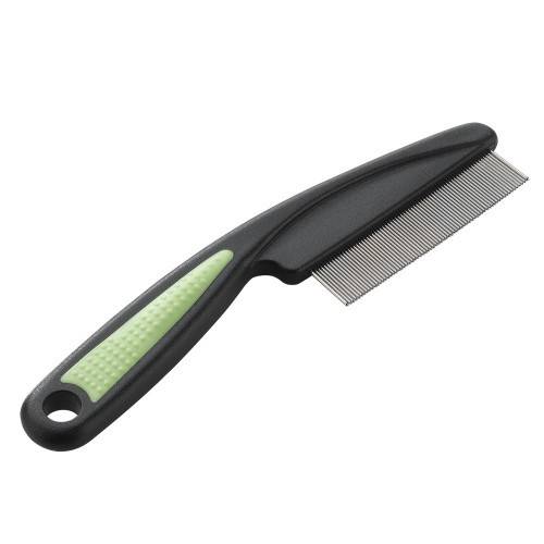 Pet grooming comb with black handle and green grip on a white background