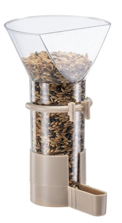 Bird seed feeder with clear top and beige base on a white background