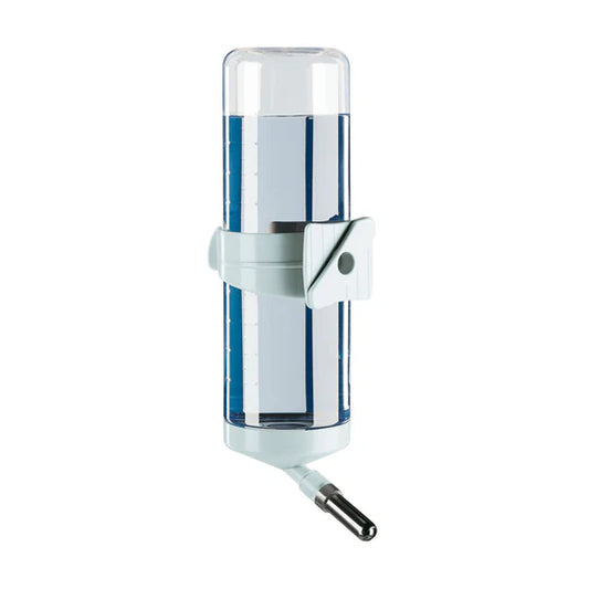 Clear plastic container with a white base and blue accents on a white background