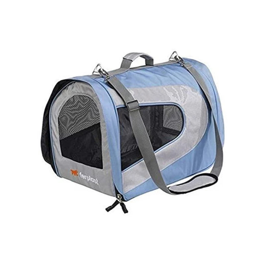 Pet carrier with a blue and gray design on a white background