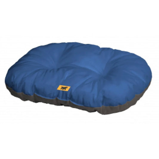 Blue round pet bed with a visible brand logo on a white background