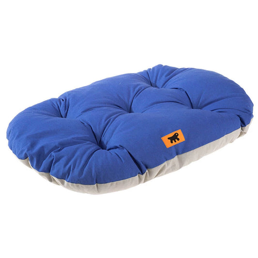 Blue pet bed with a logo on a white background