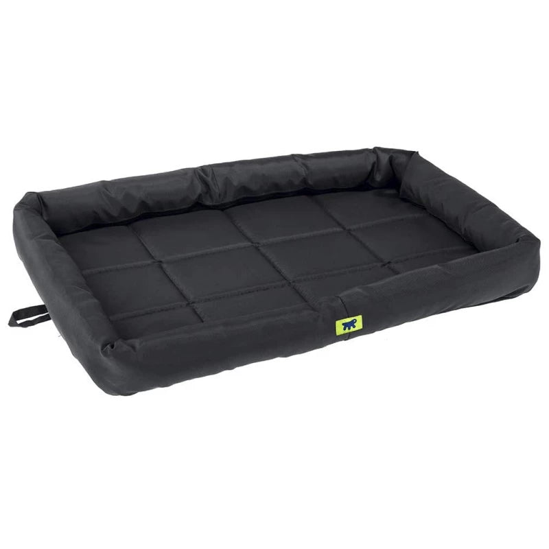 Black pet bed with a visible brand logo on a white background