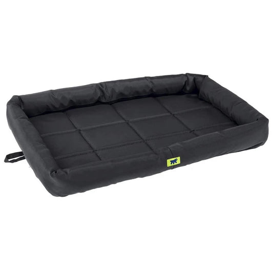 Black pet bed with a visible brand logo on a white background