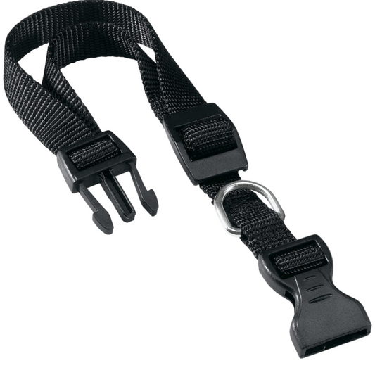 Black adjustable strap with plastic buckle on a white background