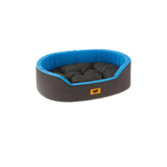 Dog bed with blue rim and gray cushion on a white background