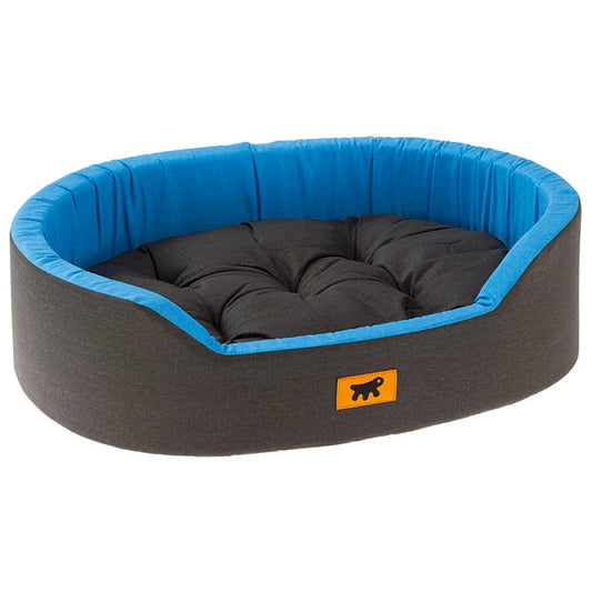 Gray pet bed with blue rim and orange logo on a white background