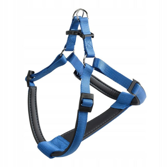 Blue and black dog harness on a white background