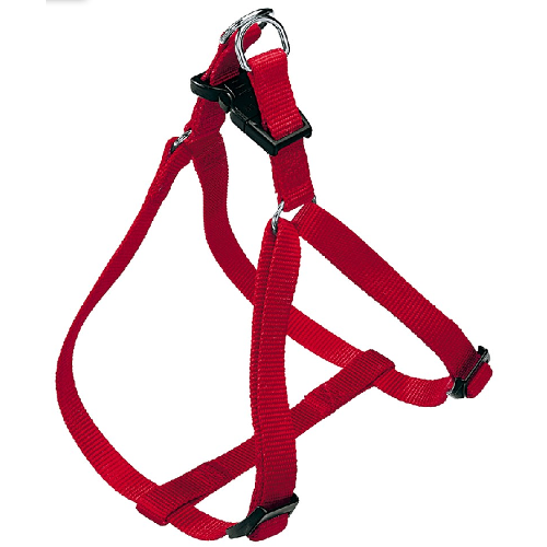 Red dog harness with black hardware on a white background