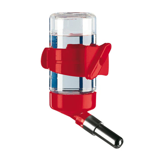 Red and clear plastic feeder on a white background