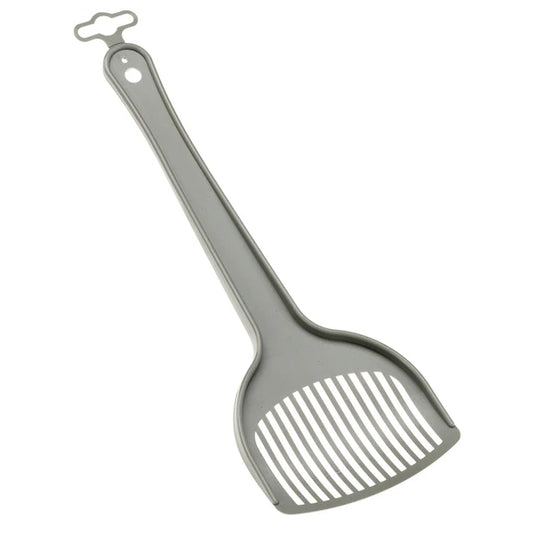 Gray pet scoop with a comb on a white background