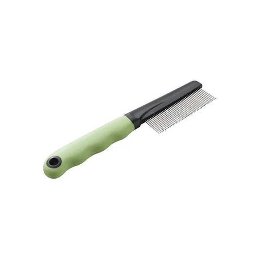 Green and black pet comb on a white background