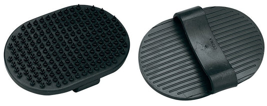 Two black rubber rubber grooming  pedals with textured surfaces on a white background