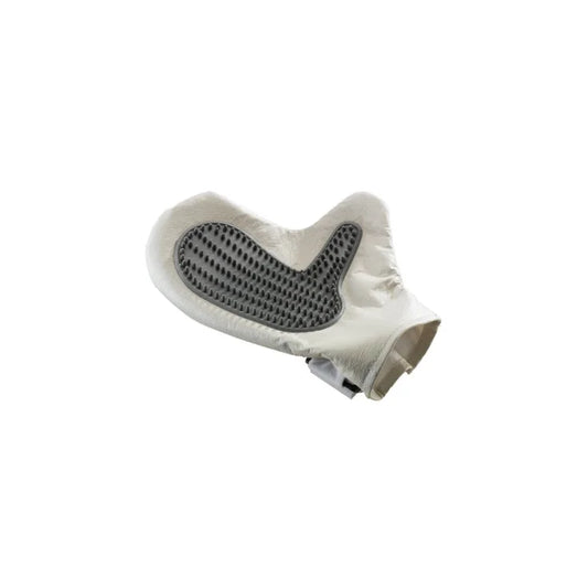 White grooming glove with textured gray surface on a white background
