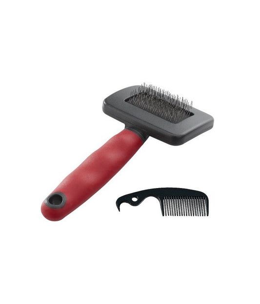 Pet grooming brush with red handle and black comb on a white background