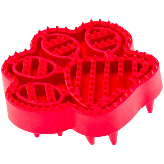 Red silicone mold with floral design on a white background