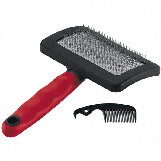 Pet grooming brush with red handle and black bristles, accompanied by a black comb on a white background.