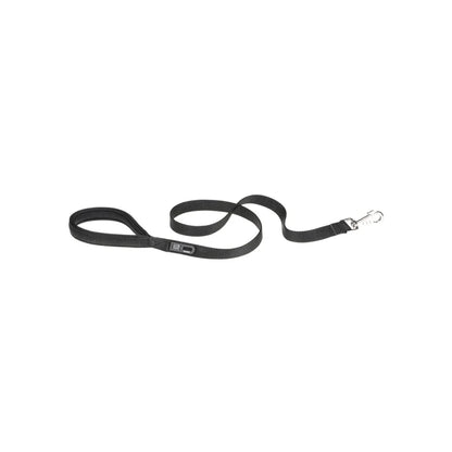 Black dog leash with a clip on a white background