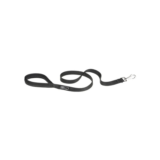 Black dog leash with a clip on a white background