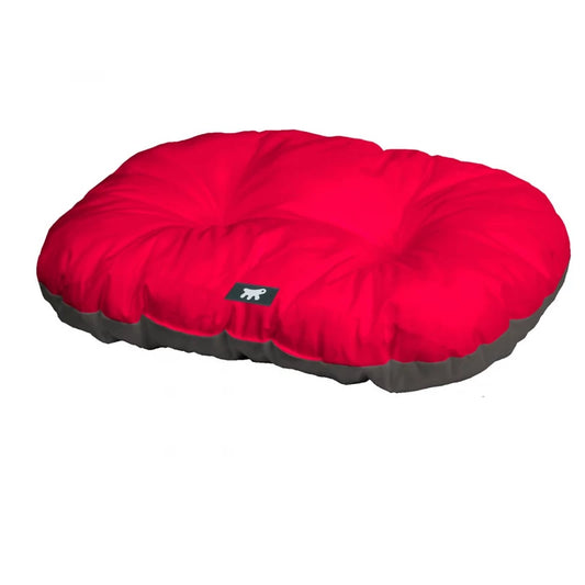Red round pet bed with a visible brand logo on a white background