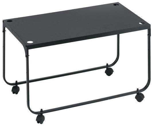 Black metal table with wheels on a white background
