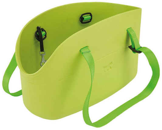 Green dog muzzle with straps on a white background