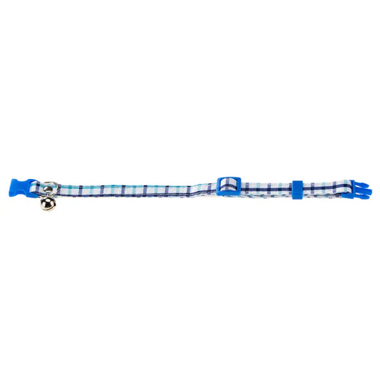 Blue and white checkered cat collar with a bell on a white background