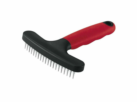 Pet grooming brush with red handle and black bristle head on a white background