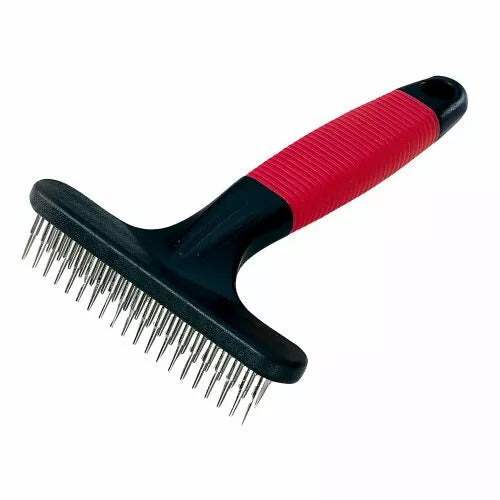 Pet grooming brush with red handle on a white background