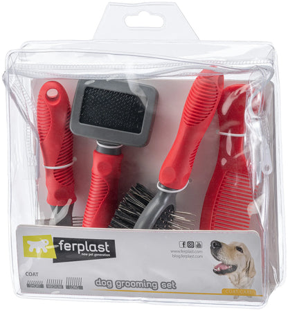 Dog grooming set with red handles in clear packaging, featuring the ferplast brand.