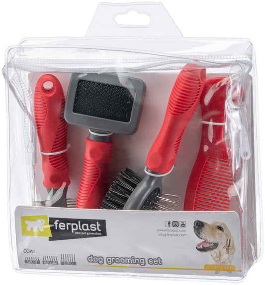 Dog grooming set with red handles in clear packaging, featuring the ferplast brand.