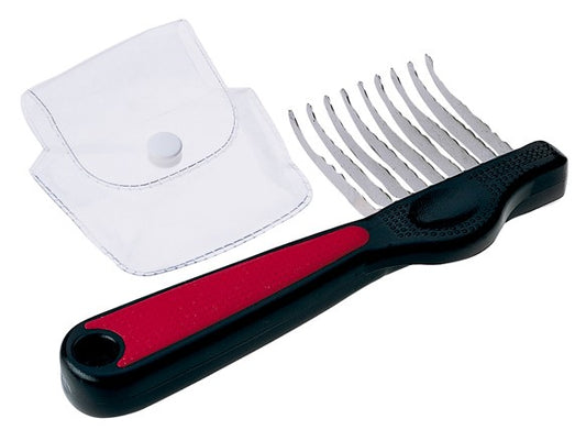 Pet grooming tool with red handle and black comb on a white background