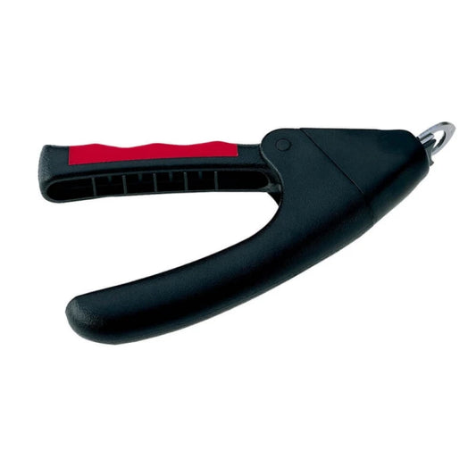 Black and red hand gripper on a white background