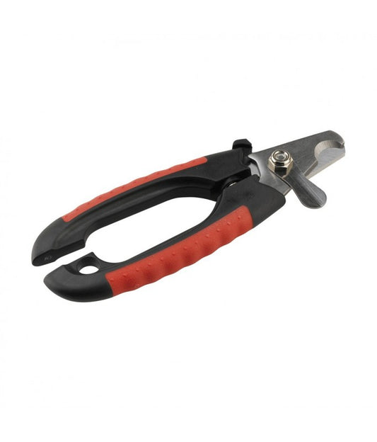 Pet nail clippers with black and red handles on a white background