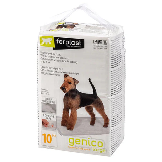 Package of ferplast genico dog pads with a dog illustration on a white background